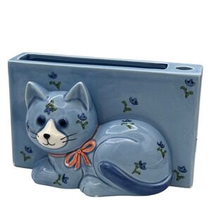 Vtg Otagiri Japan Lt Blue Kitten Porcelain Pen Pencil Notepad Memo Holder READ
